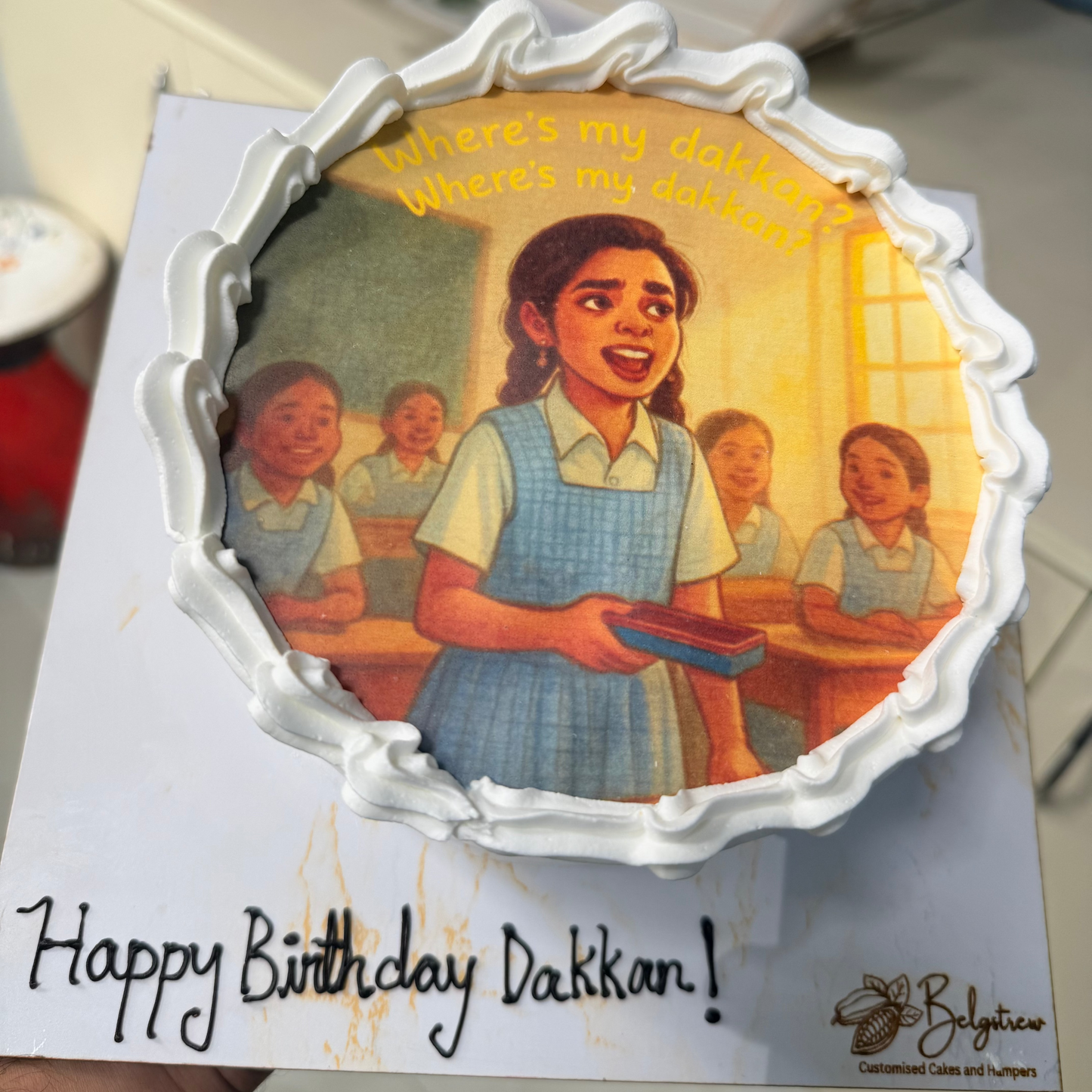 A high-resolution Belgstrew eggless photo cake featuring a vibrant edible family portrait and elegant border frosting.