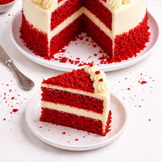 A slice of Belgstrew Red Velvet Cake showing the vibrant crimson sponge layers and thick, white cream cheese frosting.