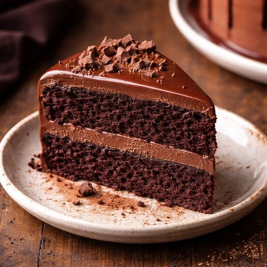 A decadent Belgstrew Belgian Chocolate Cake with a smooth chocolate finish and elegant cocoa swirls.