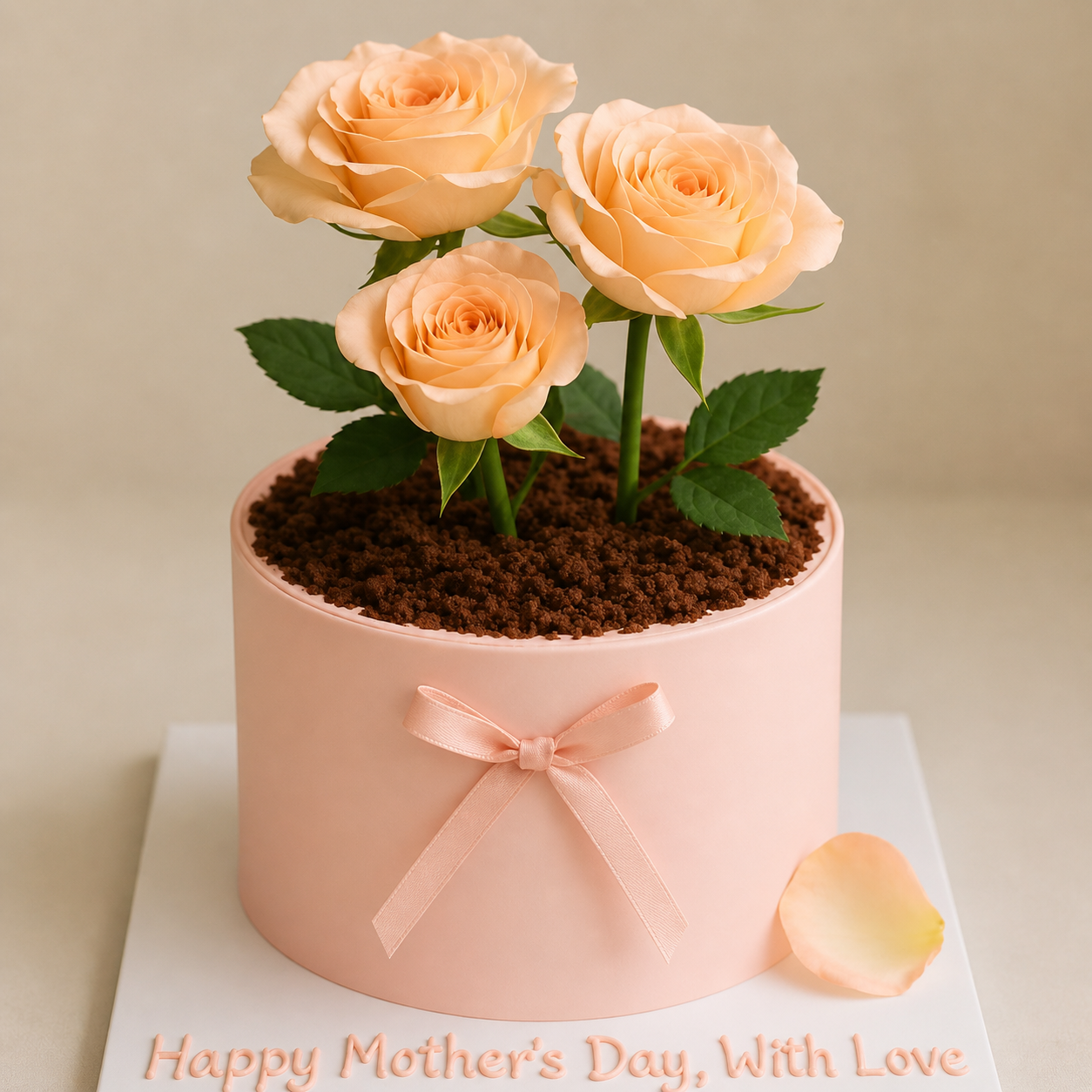 A smooth soft-peach cake shaped like a flower pot with chocolate soil, fresh peach roses, and a delicate peach ribbon.