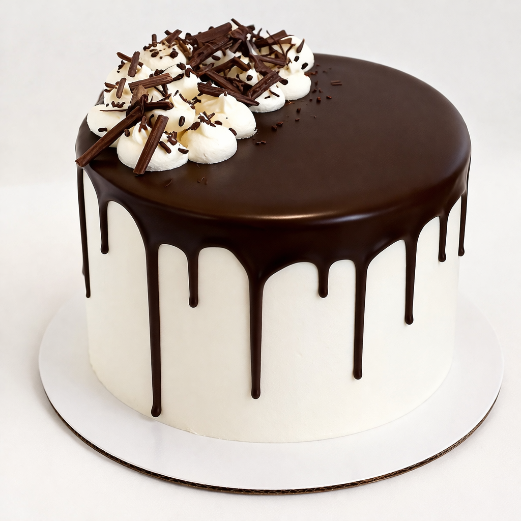 Cross-section of Belgstrew Choco-Vanilla Fusion Cake showing alternating layers of chocolate and vanilla eggless sponge.