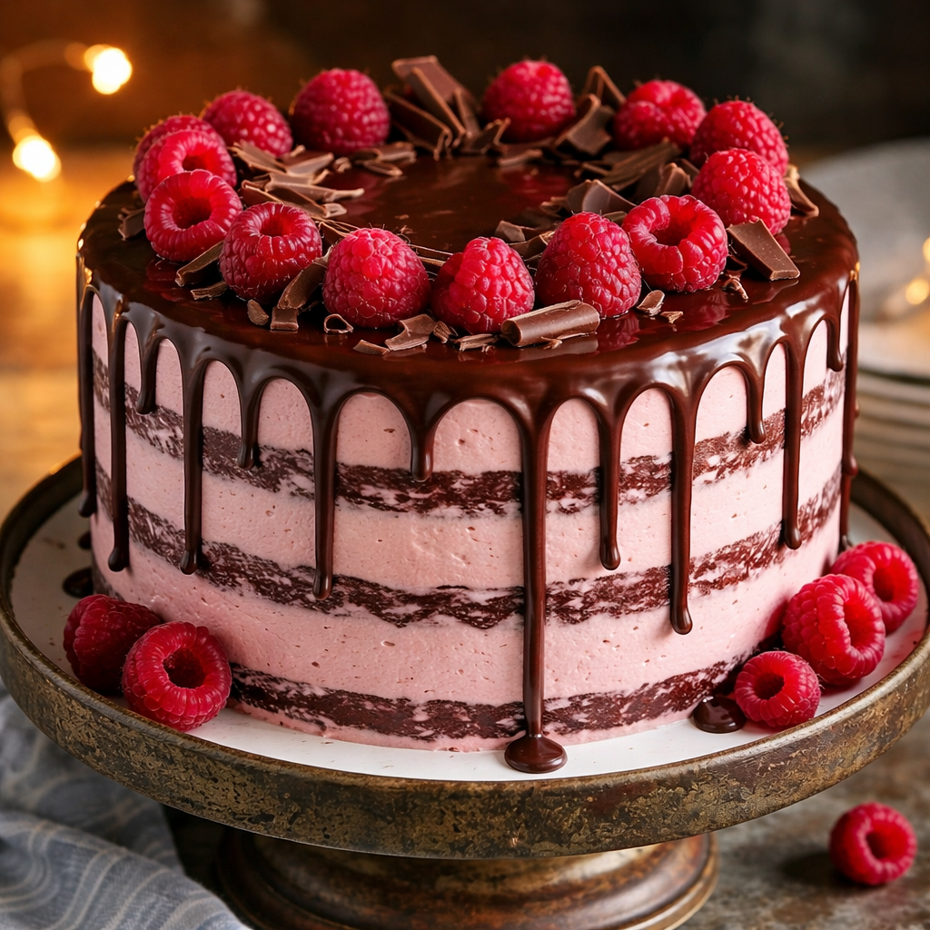 A slice of Belgstrew Chocolate Raspberry Cake showing the vibrant red fruit layer between dark chocolate sponge and smooth ganache.