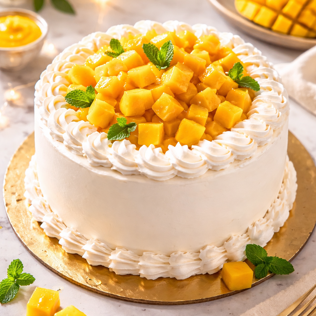 Close-up of Belgstrew Fresh Mango Cake topped with juicy golden mango chunks and fresh cream piping.
