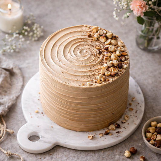 A slice of Belgstrew Mocha Bliss Cake showing layers of white vanilla sponge and coffee-infused cream.