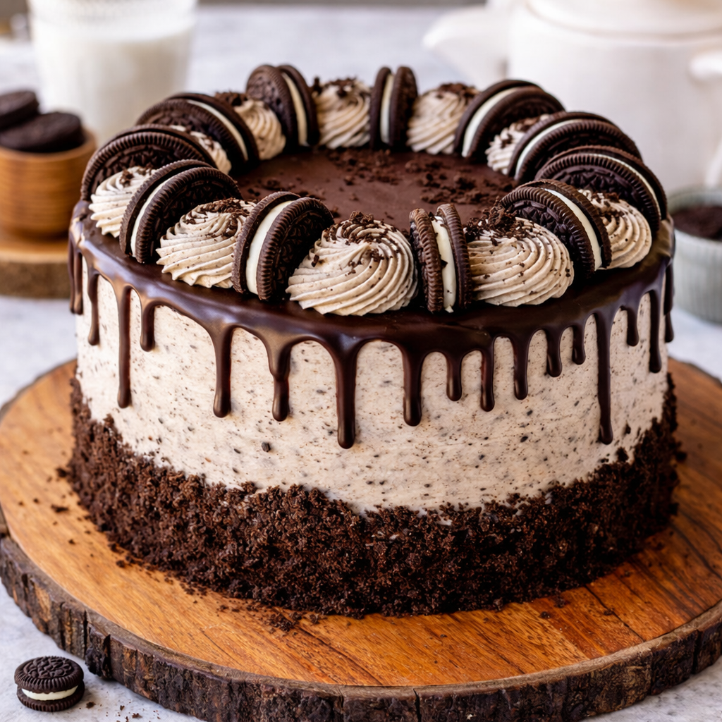 A tall Belgstrew Oreo Cookie Cake decorated with whole Oreo cookies and white cream swirls.