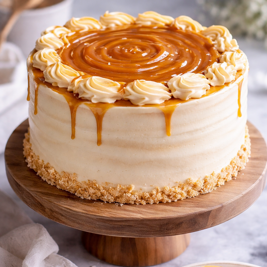 Belgstrew Salted Caramel Cake showing golden caramel drizzle and smooth cream layers.