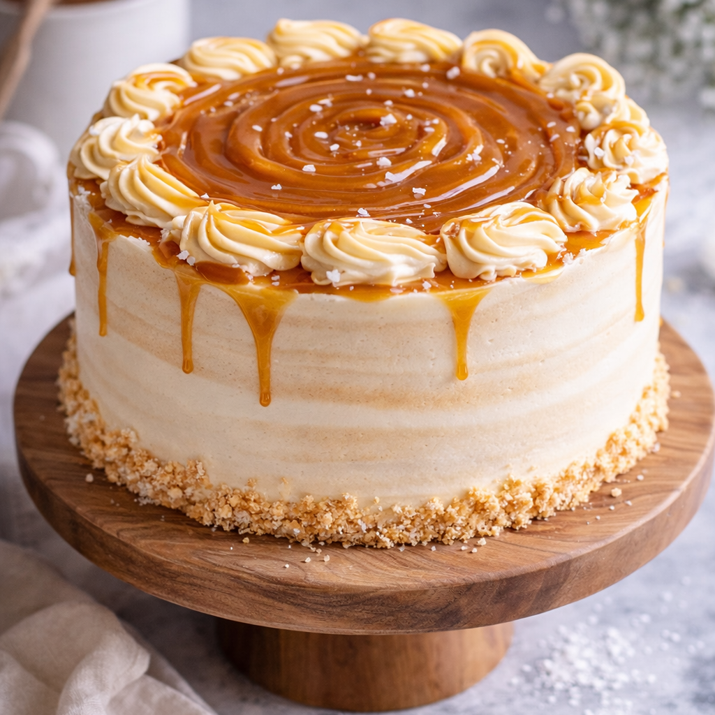 Belgstrew Salted Caramel Cake showing golden caramel drizzle and smooth cream layers.