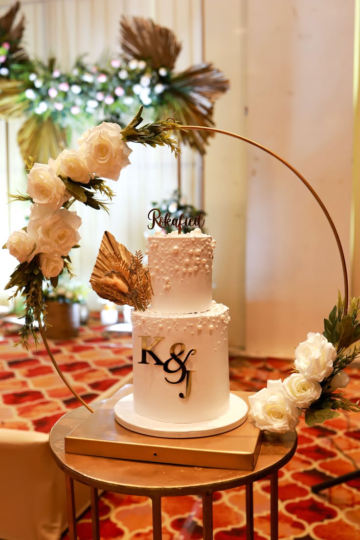 5 kg Elegant White 2-Tier Custom Initial Cake with Floral Loop Stand – Luxury Wedding & Celebration Centerpiece