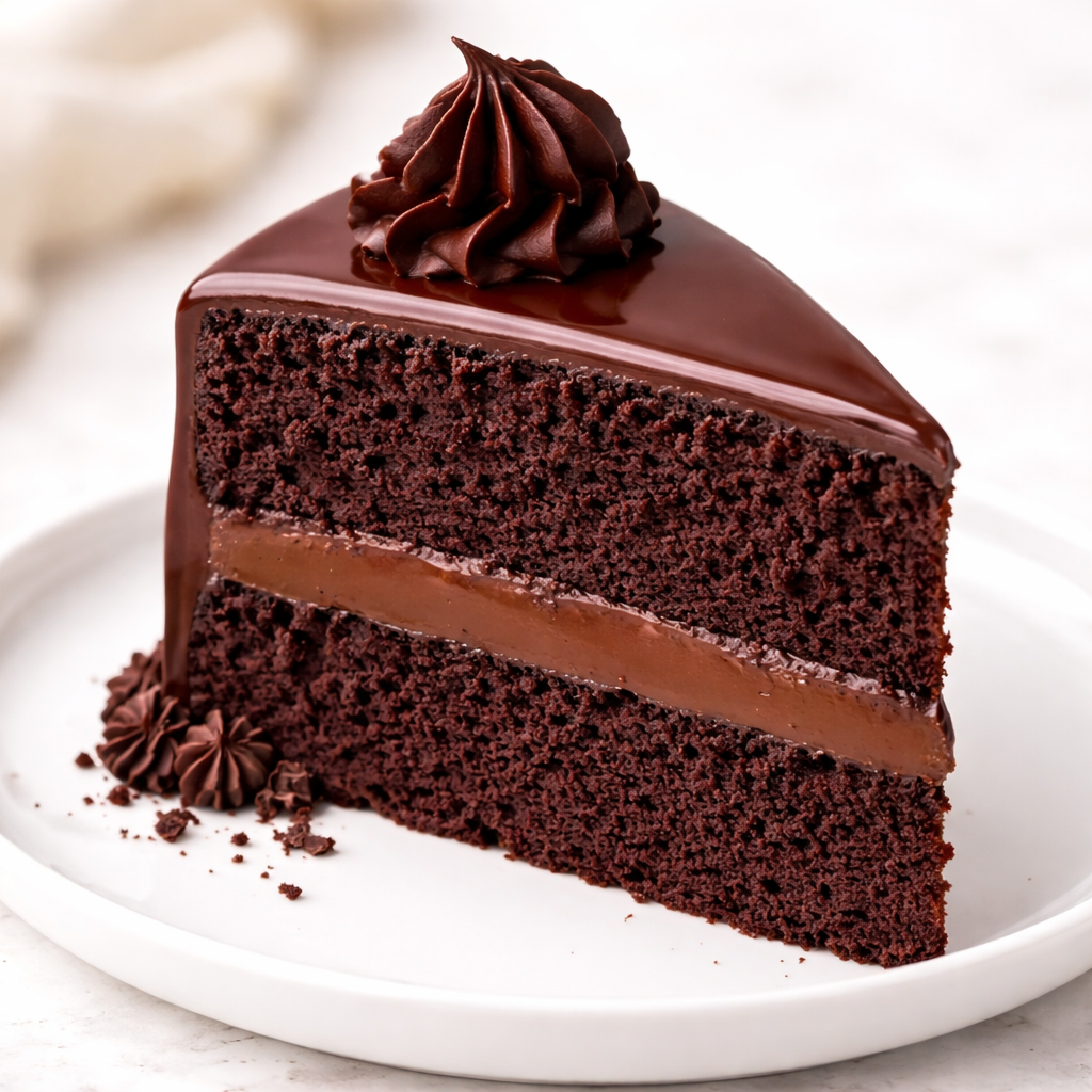 Close-up of Belgstrew Belgian Dark Chocolate Truffle Cake with a glossy ganache finish.