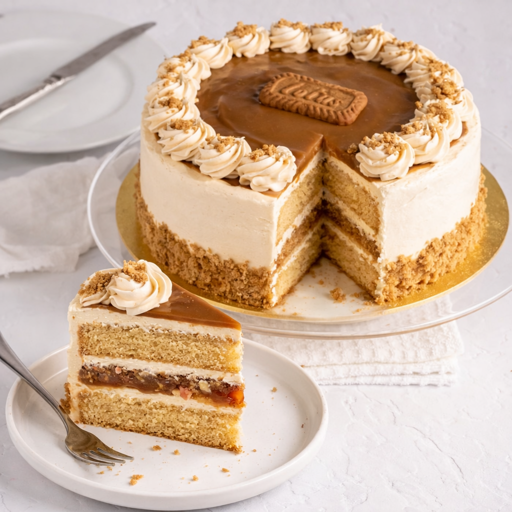 A decadent Belgstrew Biscoff Cake topped with whole Lotus biscuits and a smooth caramel-biscuit drip.
