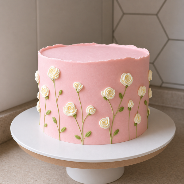 A tall pink cake with delicate hand-piped long-stemmed white rosettes cascading across the base, finished with a Happy Mother's Day message.