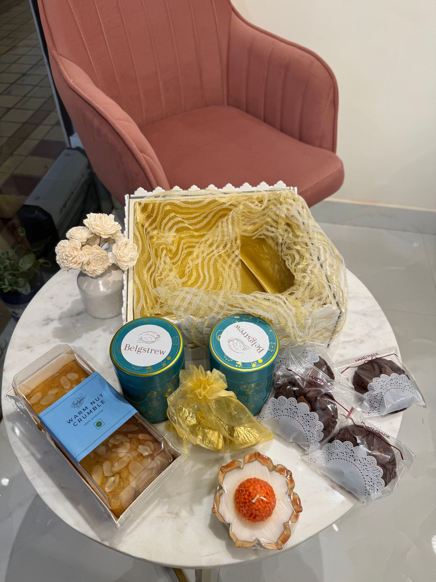 Marble Box Premium Hamper – Nuts, Cookies, Bon Bons & Laddoo Candle | Belgstrew Gifting Gurugram