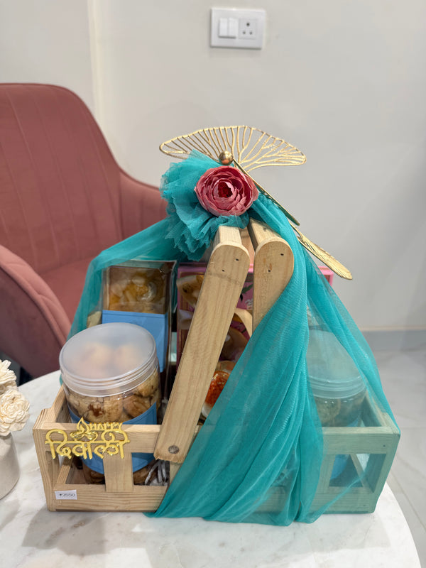 Premium Wooden Tray Gift Hamper – Cookies, Dry Cake, Chocolates, Nuts & Candle