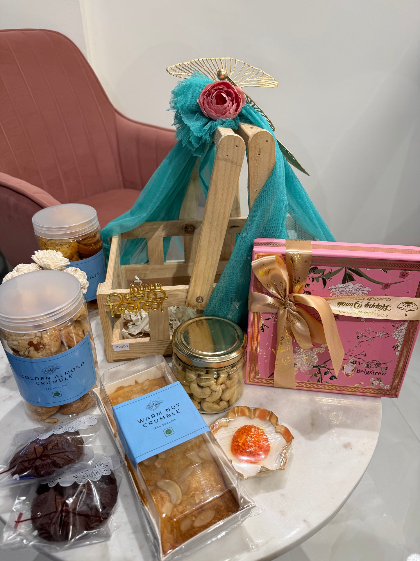 Premium Wooden Tray Gift Hamper – Cookies, Dry Cake, Chocolates, Nuts & Candle | Belgstrew Gurugram
