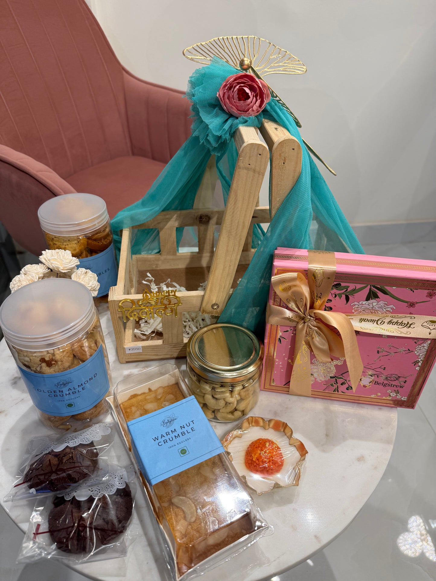 Premium Wooden Tray Gift Hamper – Cookies, Dry Cake, Chocolates, Nuts & Candle | Belgstrew Gurugram
