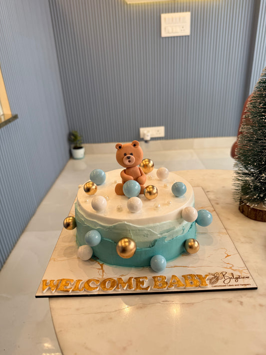 Welcome Baby Boy Teddy Themed Cake (1 Kg) – Eggless Pineapple | Custom Cakes in Gurugram