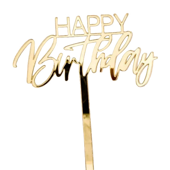 Gold 'Happy Birthday' cake topper on a light gray background