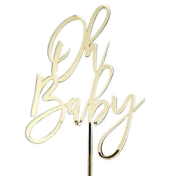 Gold 'Oh Baby' cake topper on a White background