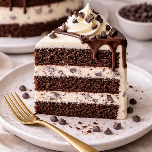 A slice of Belgstrew Choco Chip Cake showing dark chocolate chips embedded in a soft eggless sponge and smooth cream.