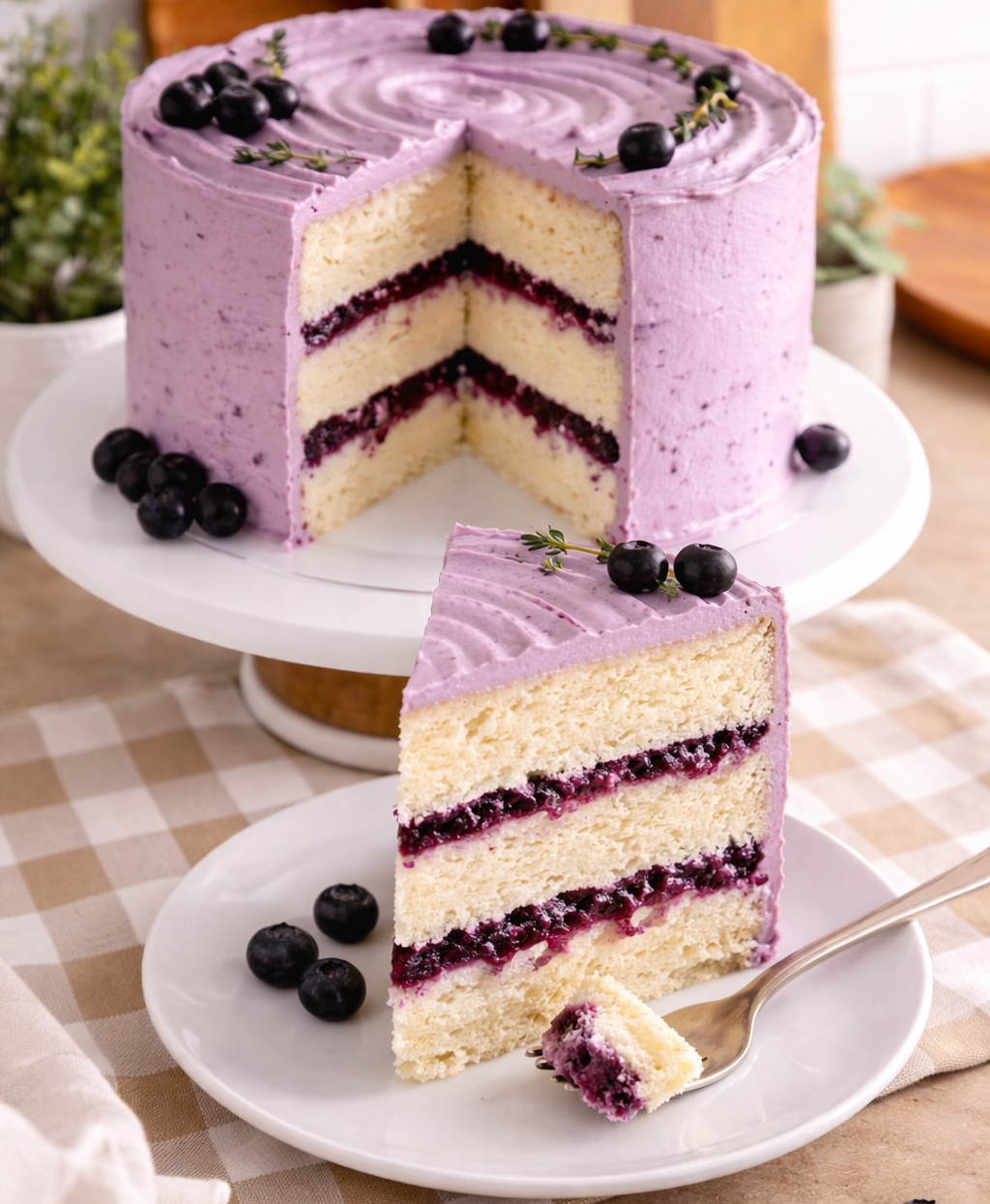 A slice of Belgstrew Vanilla Blueberry Cake showing the purple fruit filling between layers of white vanilla sponge and cream.