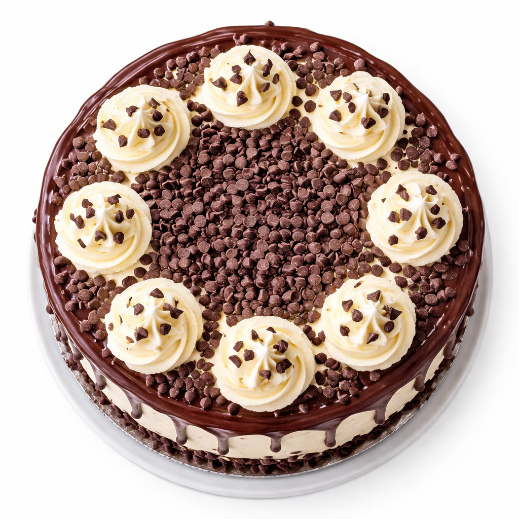 A slice of Belgstrew Choco Chip Cake showing dark chocolate chips embedded in a soft eggless sponge and smooth cream.