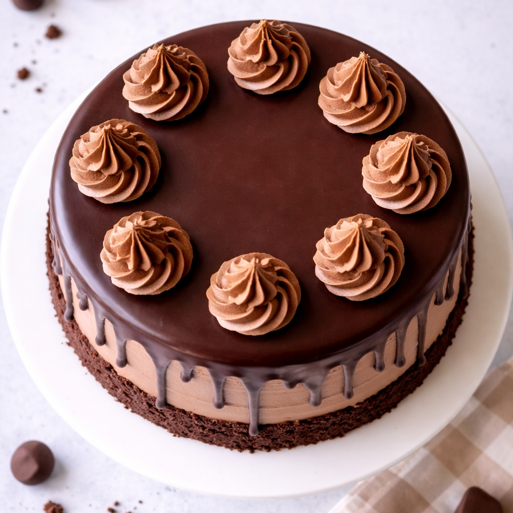 Close-up of Belgstrew Milk Chocolate Truffle Cake with smooth chocolate ganache coating and elegant cocoa swirls.