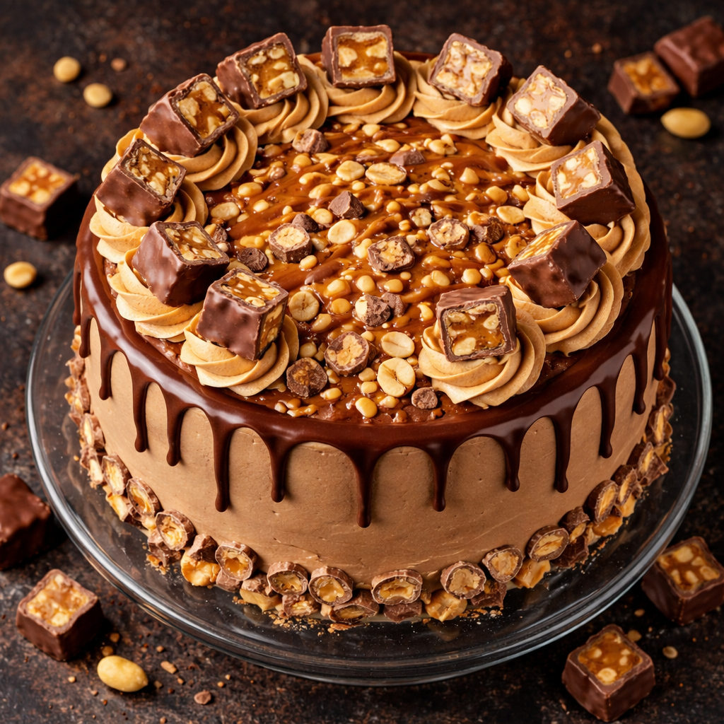 A decadent Belgstrew Snickers Cake topped with whole roasted peanuts and a thick chocolate drizzle.