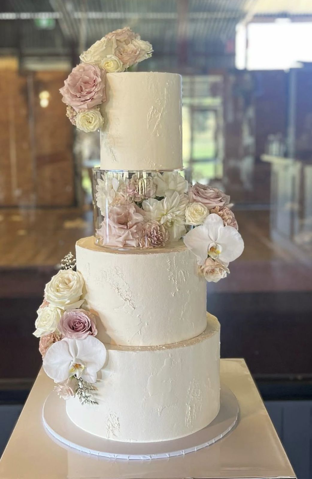 Modern Clear Tier Floral Wedding Cake
