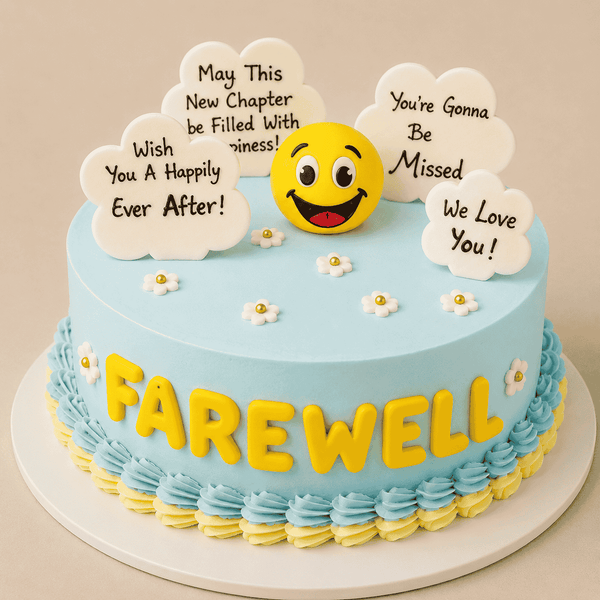 A premium round sky-blue farewell cake with bold yellow block letters reading FAREWELL on the front, decorated with a border of small white flowers, a 3D yellow smiley face emoji on top, and four white cloud-shaped plaques featuring hand-written text wishes.
