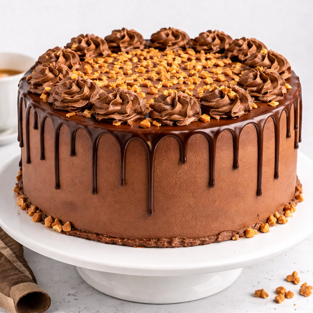 A decadent Belgstrew Chocolate Cake topped with golden butterscotch praline bits and smooth chocolate curls.