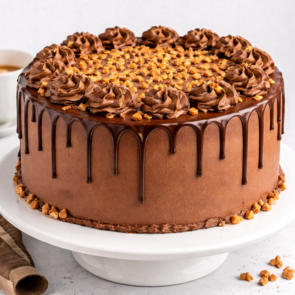 A decadent Belgstrew Chocolate Cake topped with golden butterscotch praline bits and smooth chocolate curls.