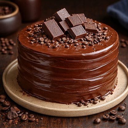 A close-up of Belgstrew Dark Chocolate Espresso Cake featuring a matte ganache finish and roasted coffee bean garnishes.
