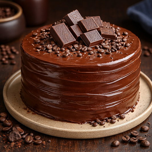A close-up of Belgstrew Dark Chocolate Espresso Cake featuring a matte ganache finish and roasted coffee bean garnishes.