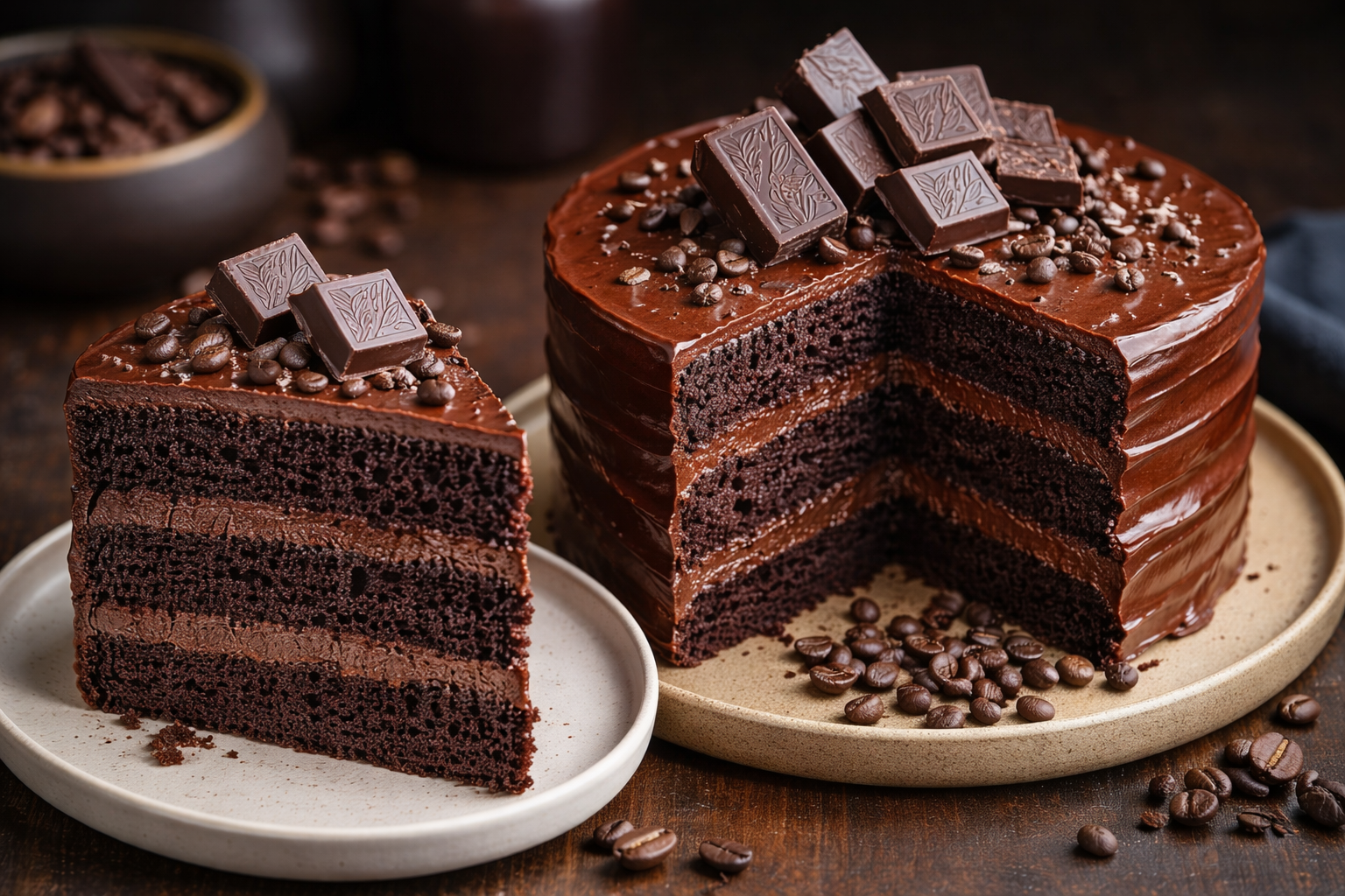 A close-up of Belgstrew Dark Chocolate Espresso Cake featuring a matte ganache finish and roasted coffee bean garnishes.