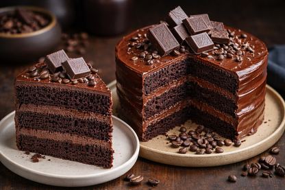 A close-up of Belgstrew Dark Chocolate Espresso Cake featuring a matte ganache finish and roasted coffee bean garnishes.