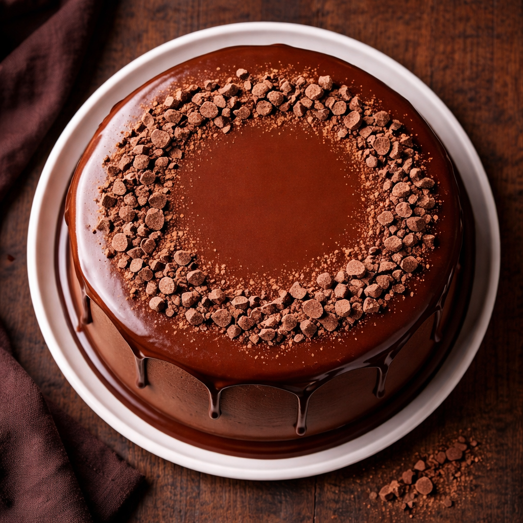 A decadent Belgstrew Belgian Chocolate Cake with a smooth chocolate finish and elegant cocoa swirls.