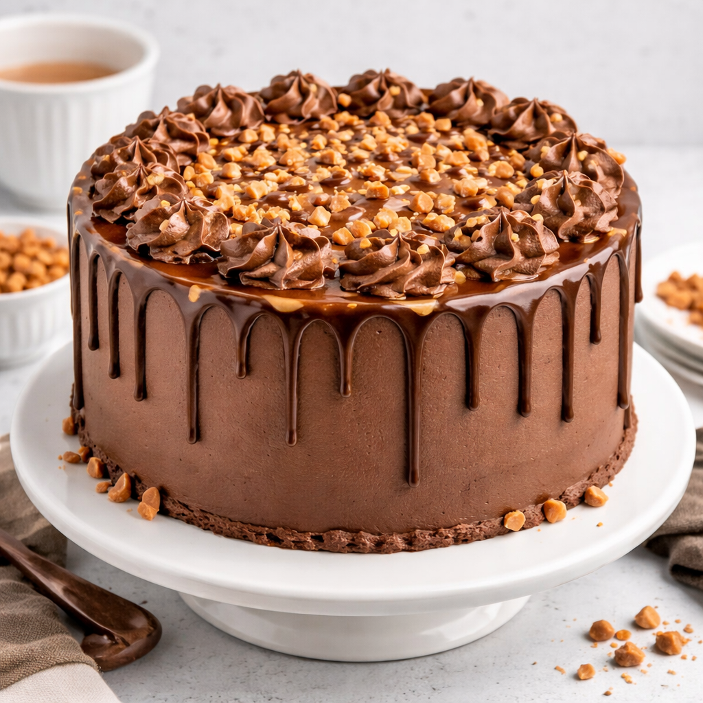 A decadent Belgstrew Chocolate Cake topped with golden butterscotch praline bits and smooth chocolate curls.