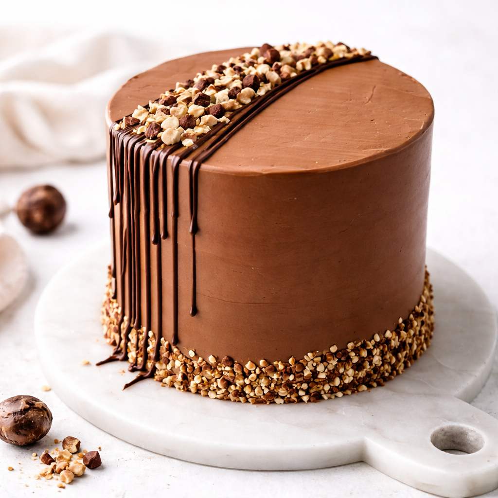 A decadent Belgstrew Milk Chocolate Cake showing a Nutella swirl and a smooth, glossy chocolate truffle finish.