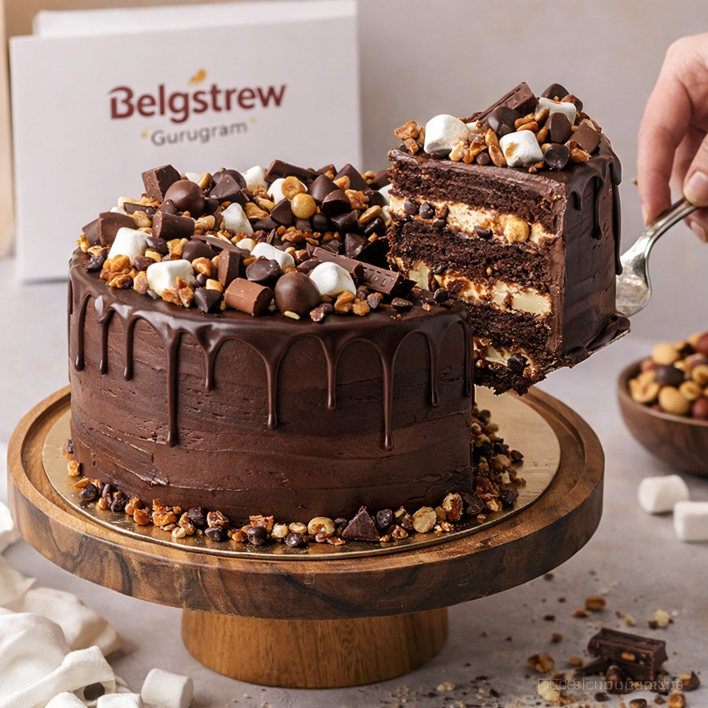 A decadent Belgstrew Rocky Road Cake topped with an abundance of roasted nuts, chocolate chunks, and a rich cocoa drizzle.