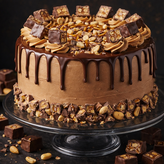 A decadent Belgstrew Snickers Cake topped with whole roasted peanuts and a thick chocolate drizzle.