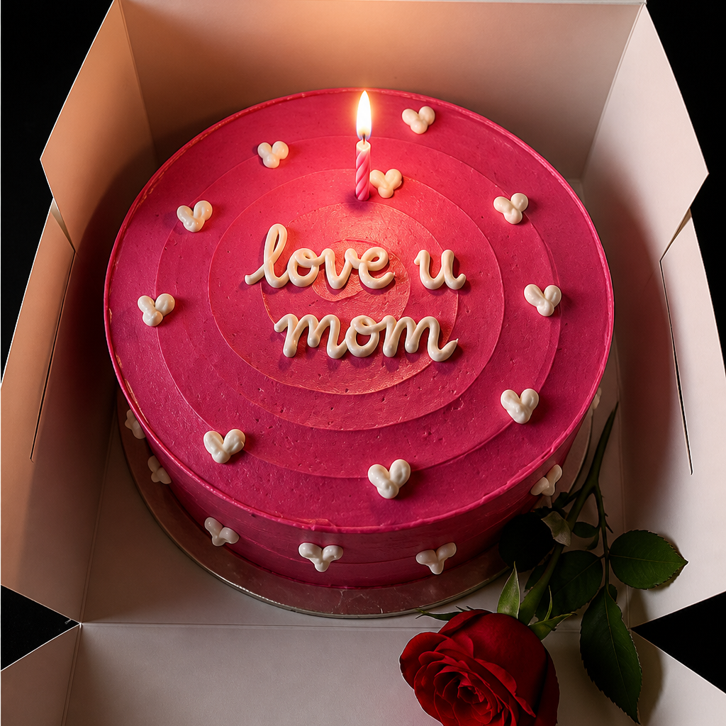 A deep pink textured cake with white hand-piped hearts and "love u mom" written in white icing, presented in a cake box with a single red rose.