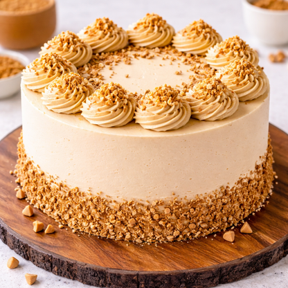 A golden Belgstrew Butterscotch Cake topped with cream swirls and honey-colored crunchy praline bits.
