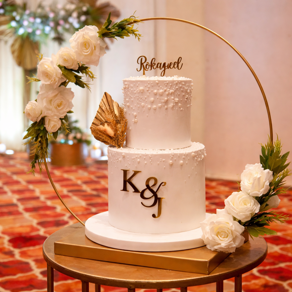 A majestic 5kg white two-tier cake with gold initials, set inside a circular floral loop stand on a luxury table.