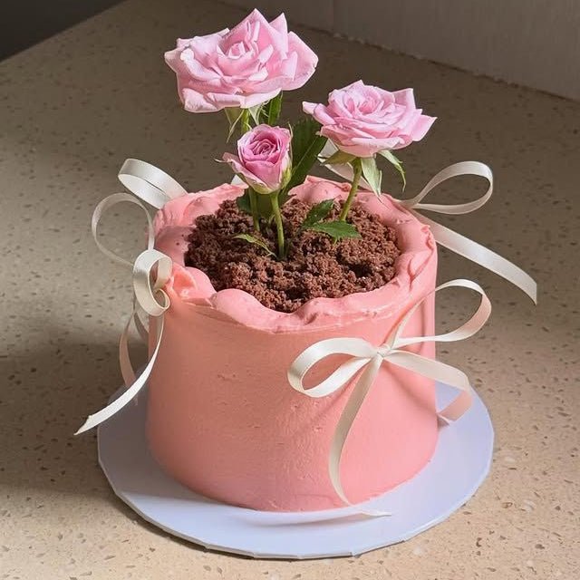 A pink 1kg cake designed to look like a flower pot with chocolate crumble soil, fresh pink roses, and white silk ribbons.