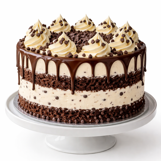 A slice of Belgstrew Choco Chip Cake showing dark chocolate chips embedded in a soft eggless sponge and smooth cream.