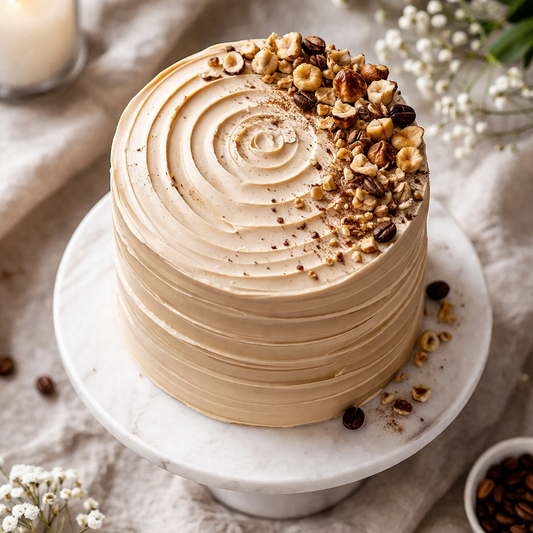 A slice of Belgstrew Mocha Bliss Cake showing layers of white vanilla sponge and coffee-infused cream.