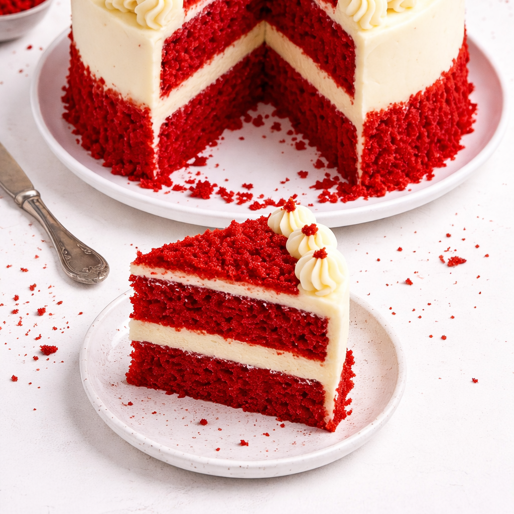 A slice of Belgstrew Red Velvet Cake showing the vibrant crimson sponge layers and thick, white cream cheese frosting.