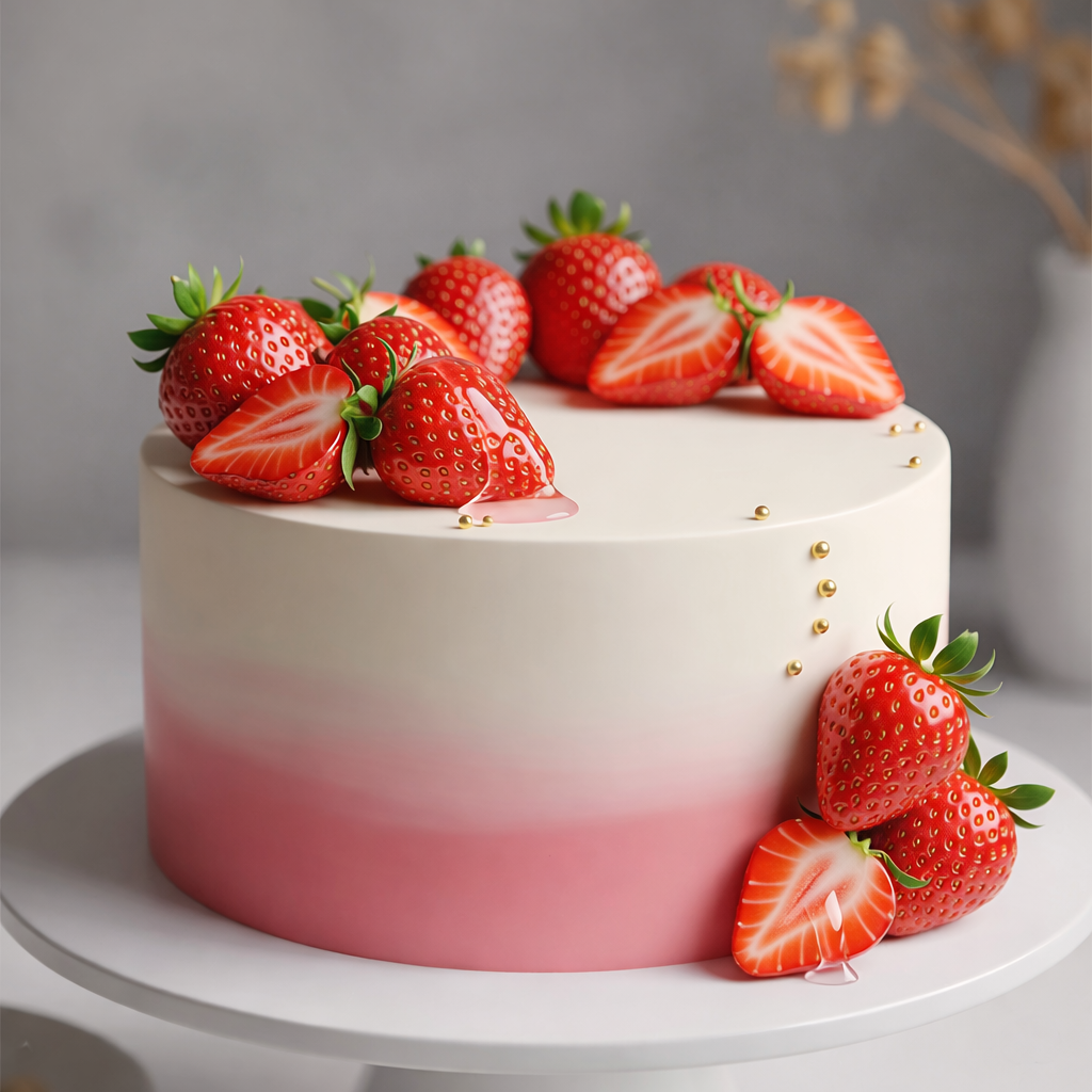A slice of Belgstrew Strawberry Cream-Cheese Cake showing vibrant fresh strawberry layers and thick, white cream cheese frosting.