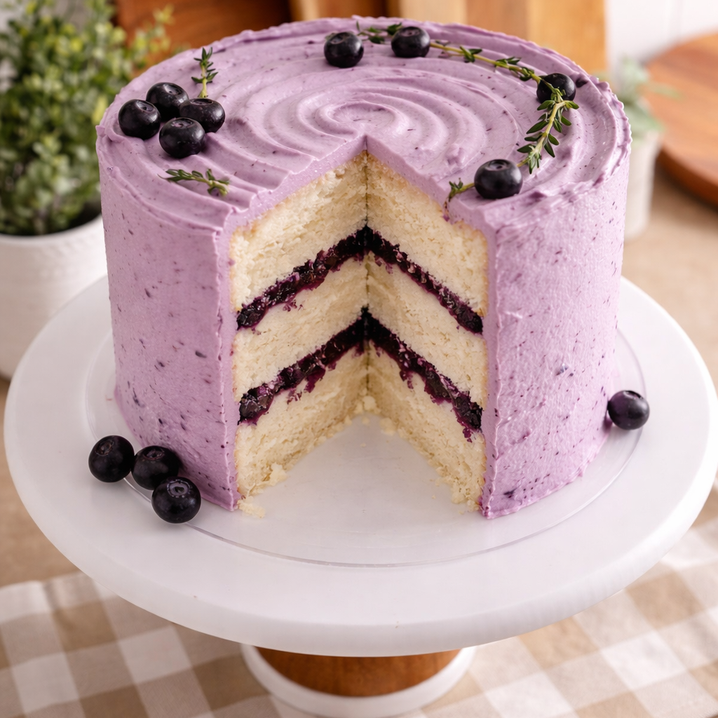 A slice of Belgstrew Vanilla Blueberry Cake showing the purple fruit filling between layers of white vanilla sponge and cream.