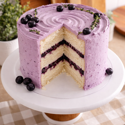 A slice of Belgstrew Vanilla Blueberry Cake showing the purple fruit filling between layers of white vanilla sponge and cream.